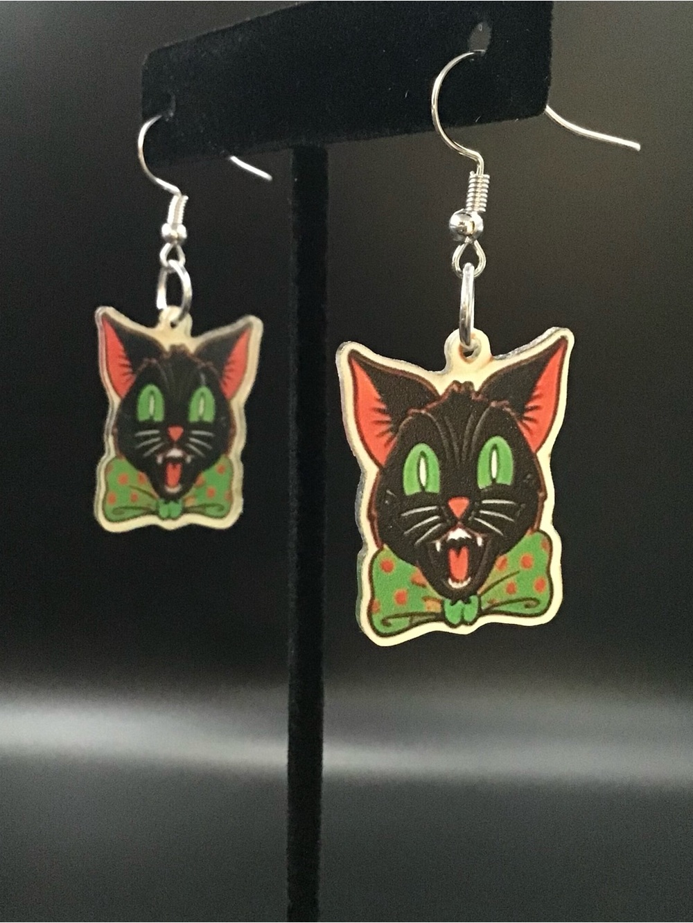 Green Bow Cat Earrings
